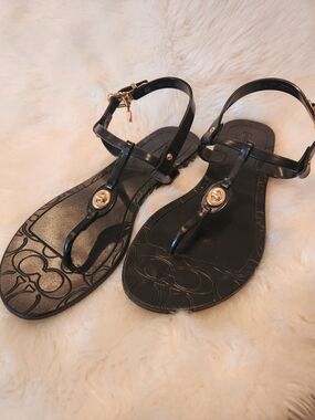 Coach Black Jelly T-Strap Sandals with Gold-Tone Logo